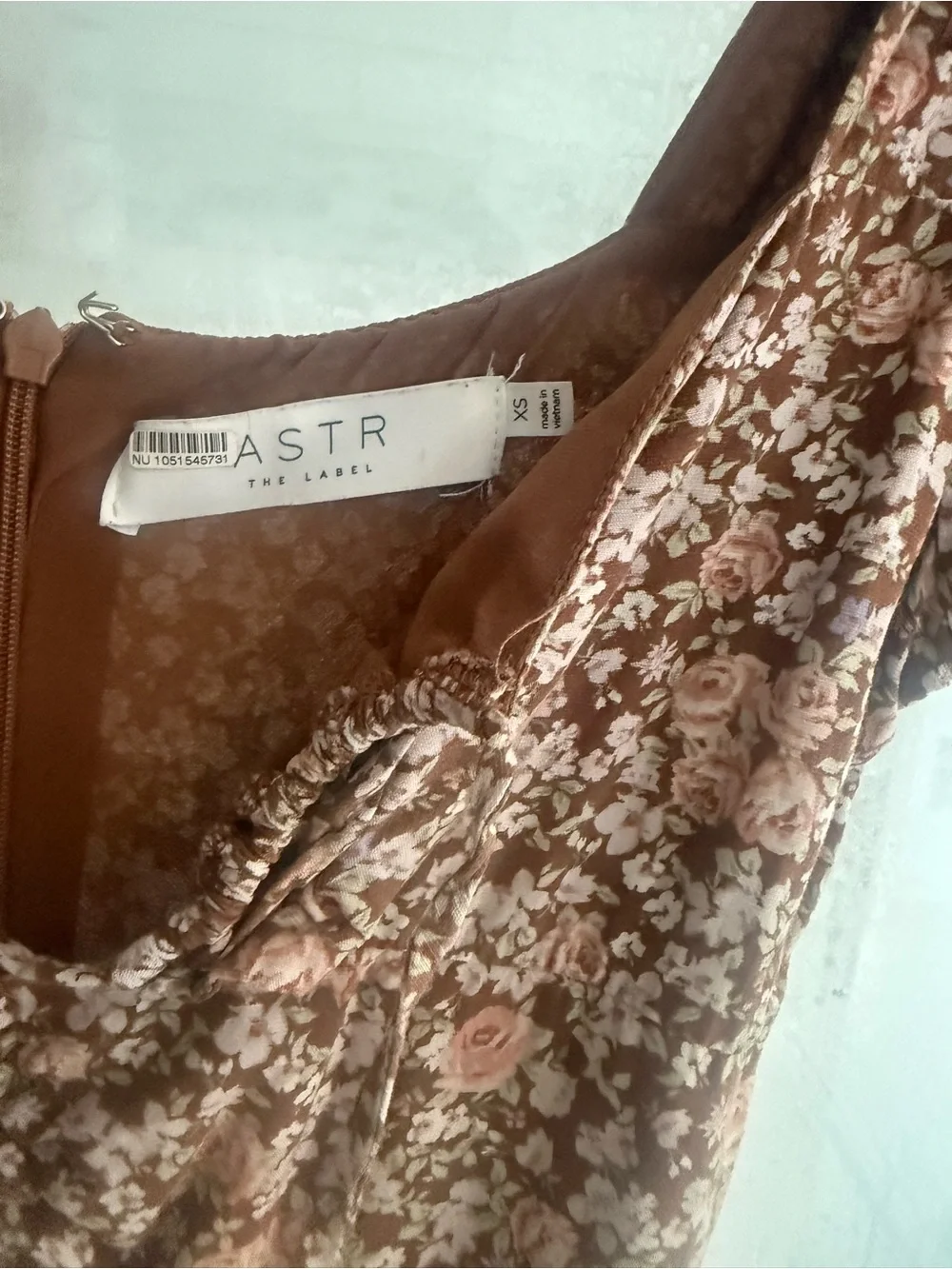 Astr Tan Floral Tie-Front Midi Dress with Puff Sleeves